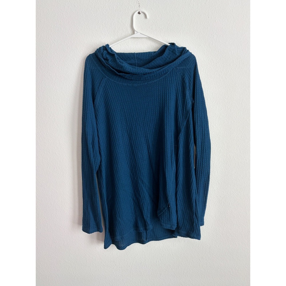 Faded Glory Top Womens 1X Blue Waffle Knit Stretch Draped Cowl Neck Curved Hem